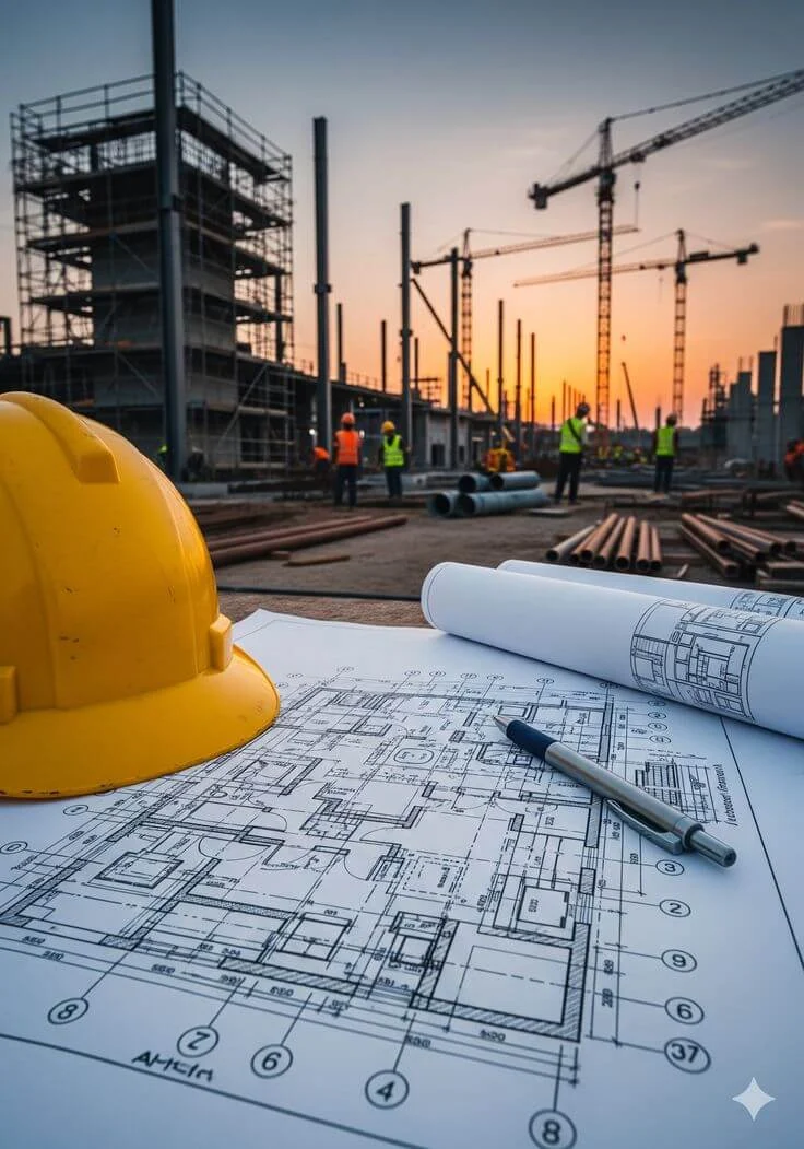 Engineering plans and safety equipment at a construction site
